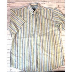 Jos A Bank Shirt Mens Large 100% Linen‎ Striped Button Up Short Sleeve Blue